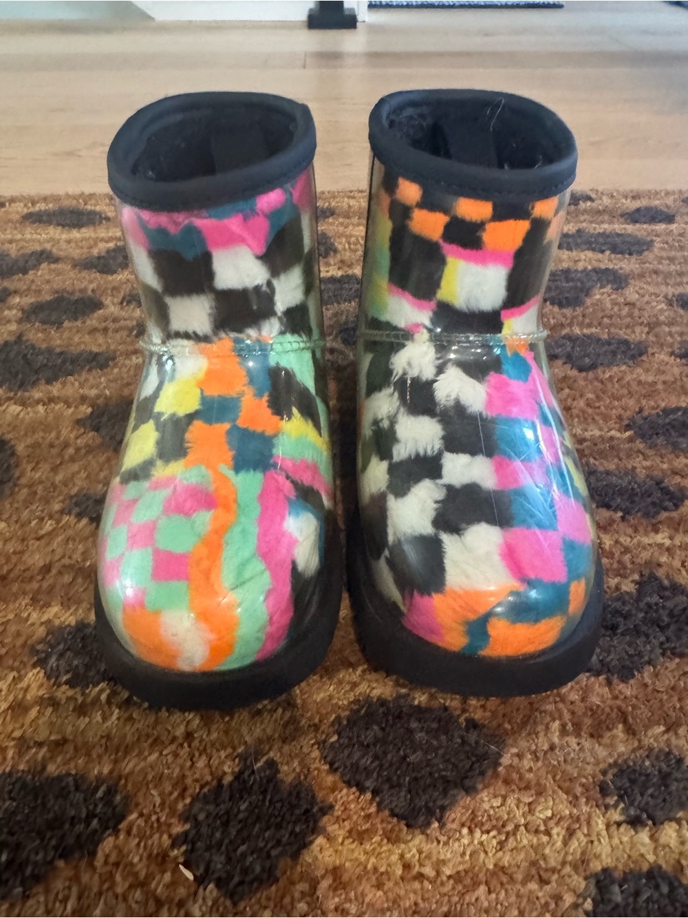 UGG Kids Multicolor Checkerboard Faux-Fur Boots - Pink Orange Green Yellow Black